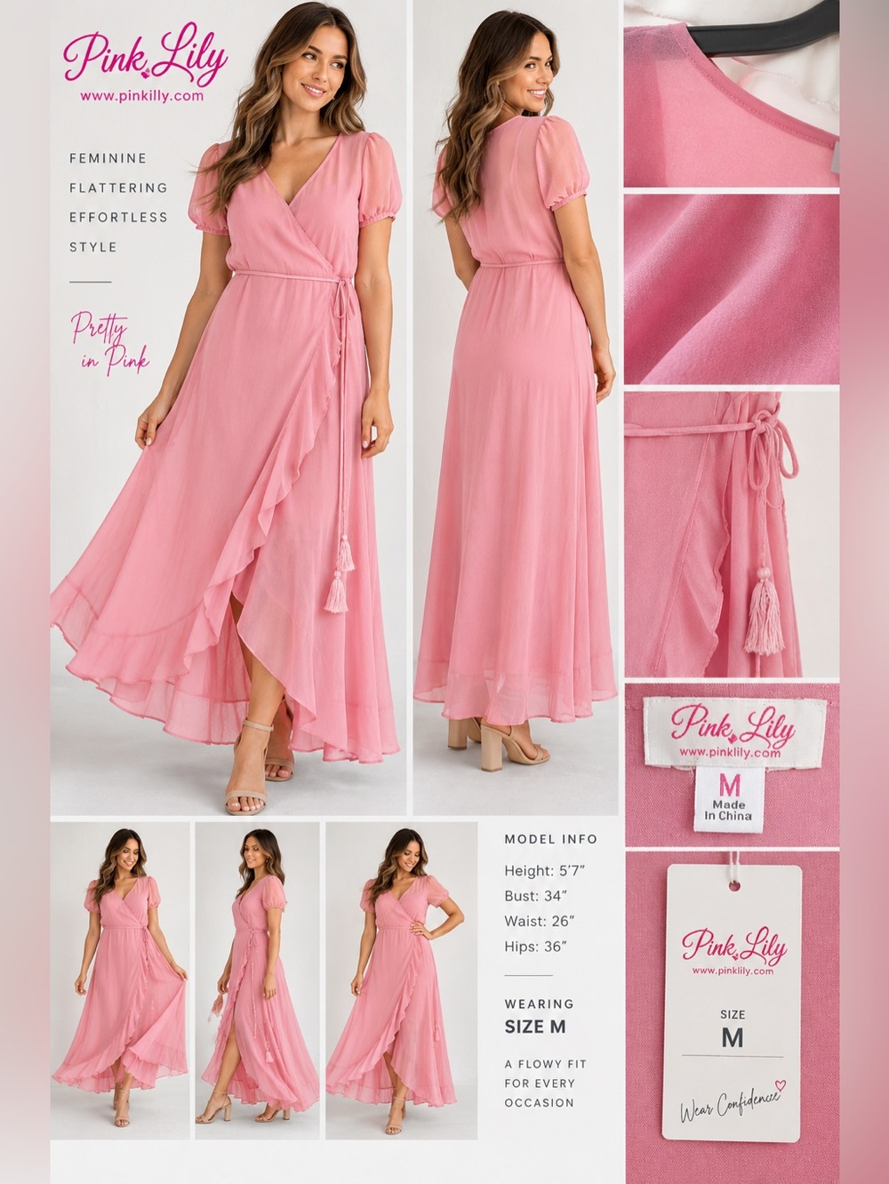 Pink Lily Women’s Medium Pink Ruffle Wrap Maxi Dress Tie Waist